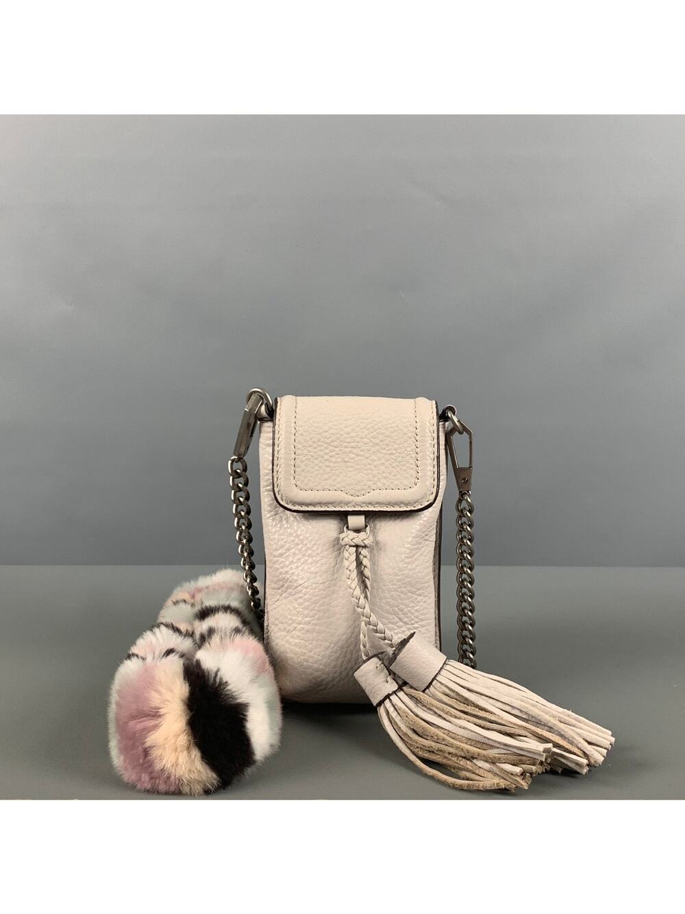 REBECCA MINKOFF Grey Rabbit Fur Leather Cross Body Handbag